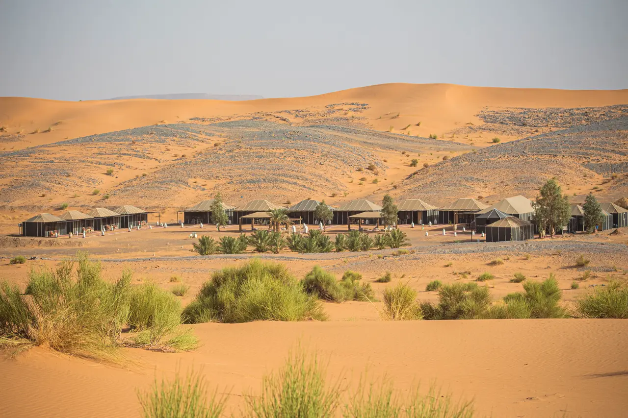View of Tassili camp among the Sahara dunes, in Merzouga