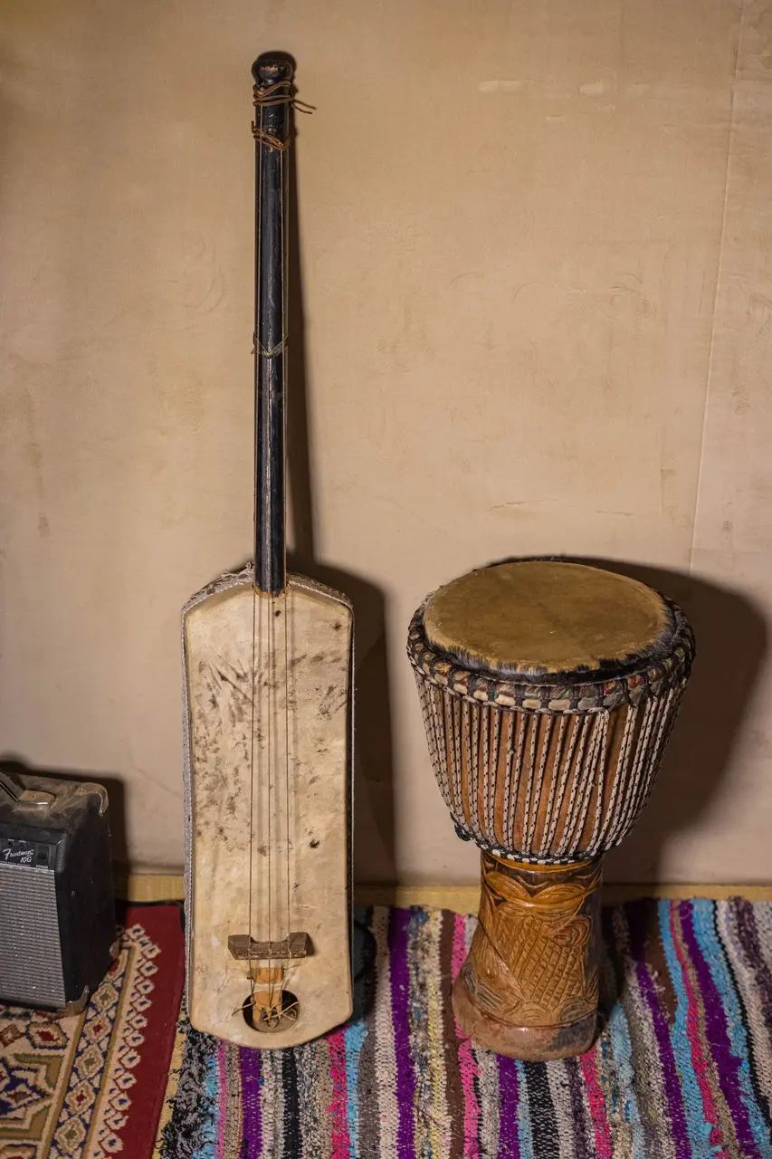 Berber drums leaning against the tent wall, before the evening